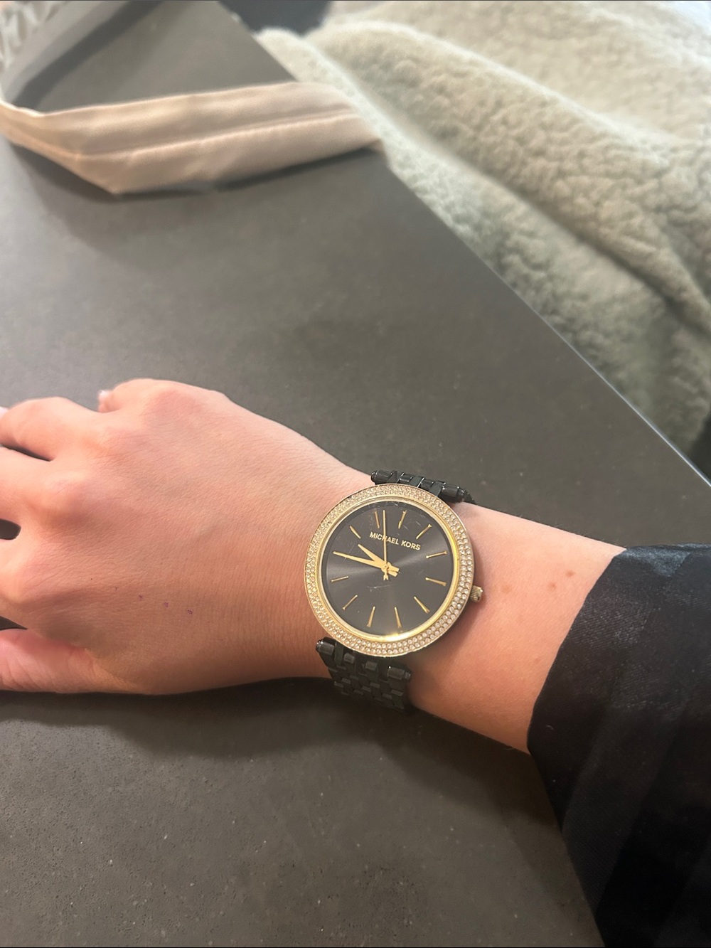 Michael Kors Black and Gold Crystal-Trim Round Watch